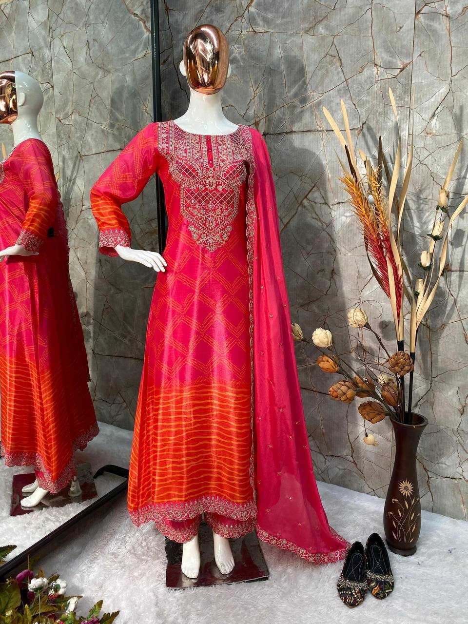 Chinon Silk Rin141 1879 Suits & Dresses  Ladies Embroidery Ladies Silk Wedding Diwali Suits