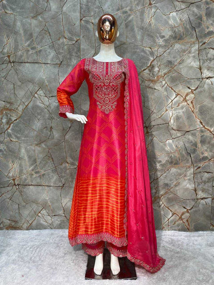 Chinon Silk Rin141 1879 Suits & Dresses  Ladies Embroidery Ladies Silk Wedding Diwali Suits