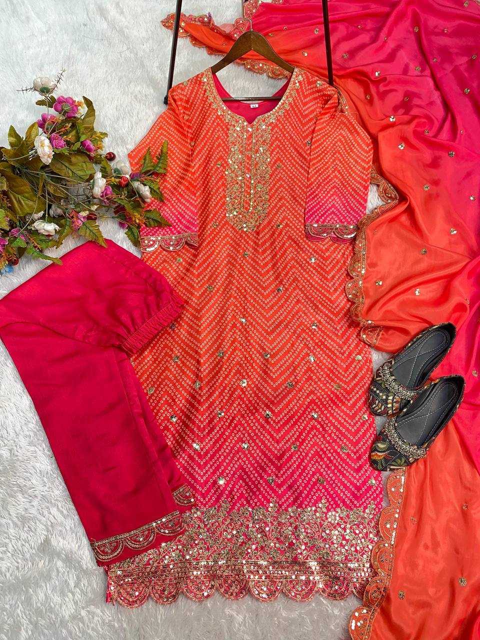 Chinon Silk Rin141 1880 Suits & Dresses  Ladies Embroidery Ladies Silk Wedding Diwali Suits