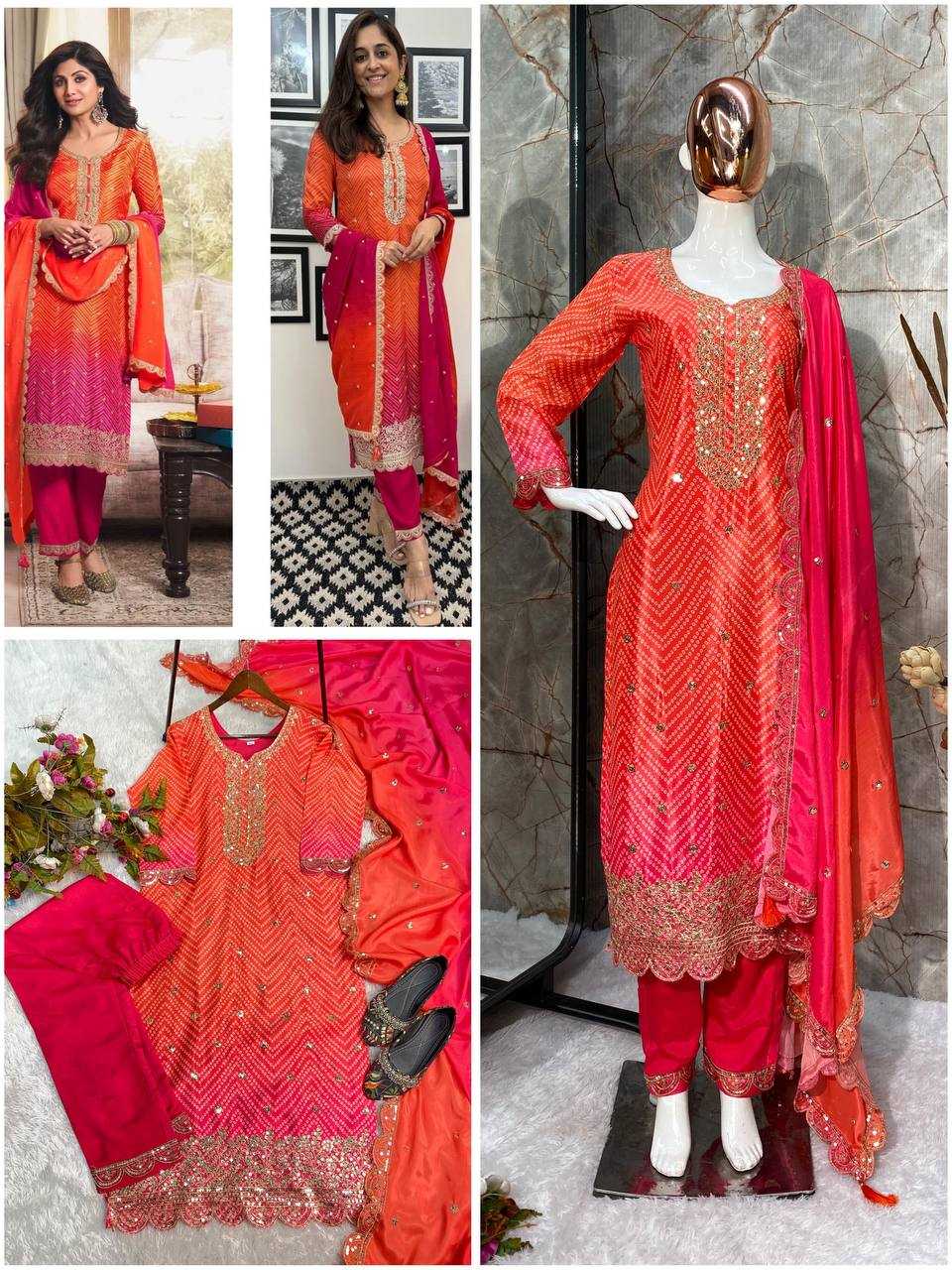 Chinon Silk Rin141 1880 Suits & Dresses  Ladies Embroidery Ladies Silk Wedding Diwali Suits