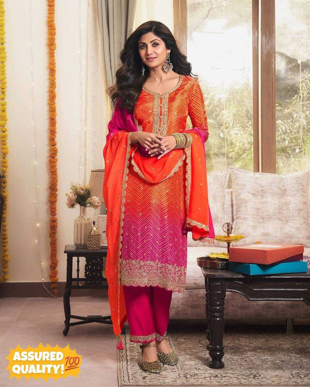 Chinon Silk Rin141 1880 Suits & Dresses  Ladies Embroidery Ladies Silk Wedding Diwali Suits