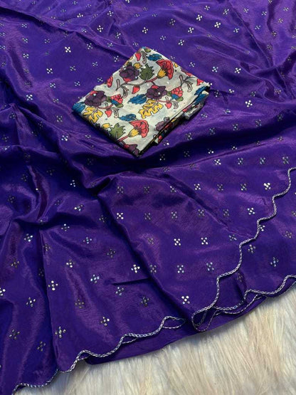 Chinon Silk Rin182 Run66 Sarees  Ladies Work Cutwork Sarees