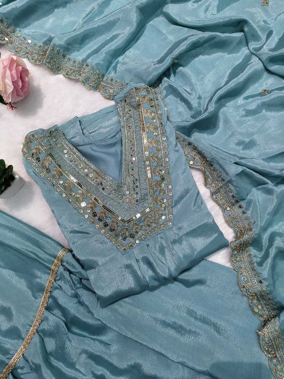 Chinon Silk Rin201 Rrd34S Uits & Dresses  Ladies Embroidery Sharara Salwar Ladies Silk Suits