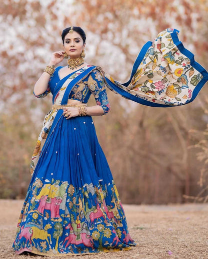 Chinon Silk Rrkt Hand Lehengas  Kalamkari Traditional Lehenga