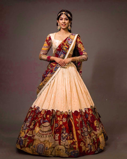 Chinon Silk Rrkt Khatli Lehengas  Kalamkari Traditional Lehenga