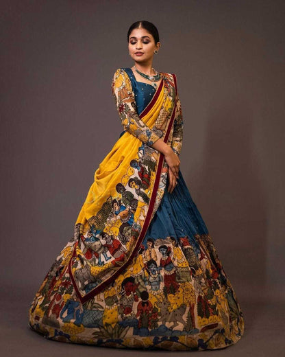 Chinon Silk Rrkt Lahengas  Kalamkari Traditional Lehenga