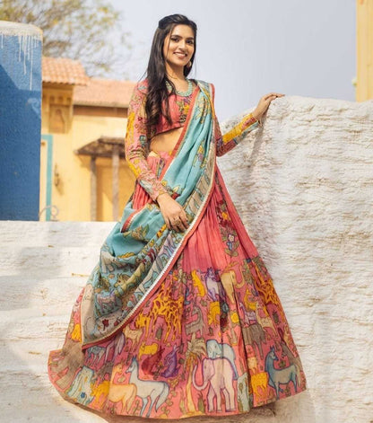 Chinon Silk Rrkt M Lehengas  Kalamkari Traditional Lehenga