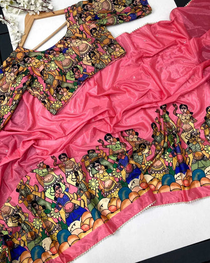 Chinon Silk Run Anajta Sarees  Printed Ladies Kalamkari Sarees