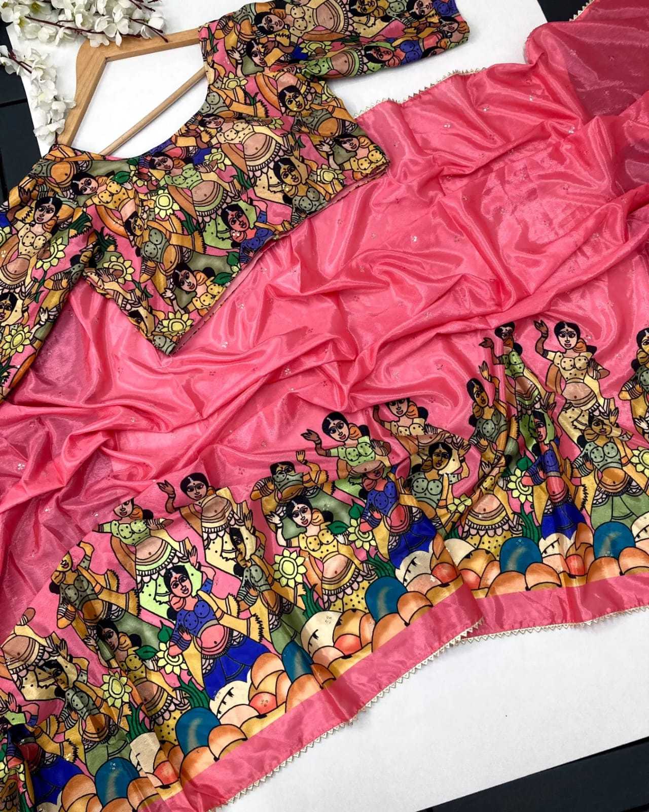 Chinon Silk Run Anajta Sarees  Printed Ladies Kalamkari Sarees