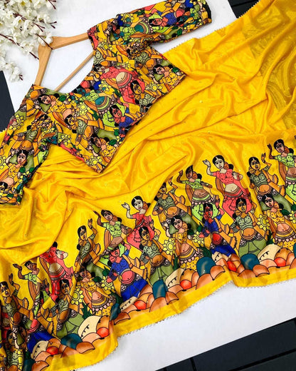 Chinon Silk Run Anajta Sarees  Printed Ladies Kalamkari Sarees