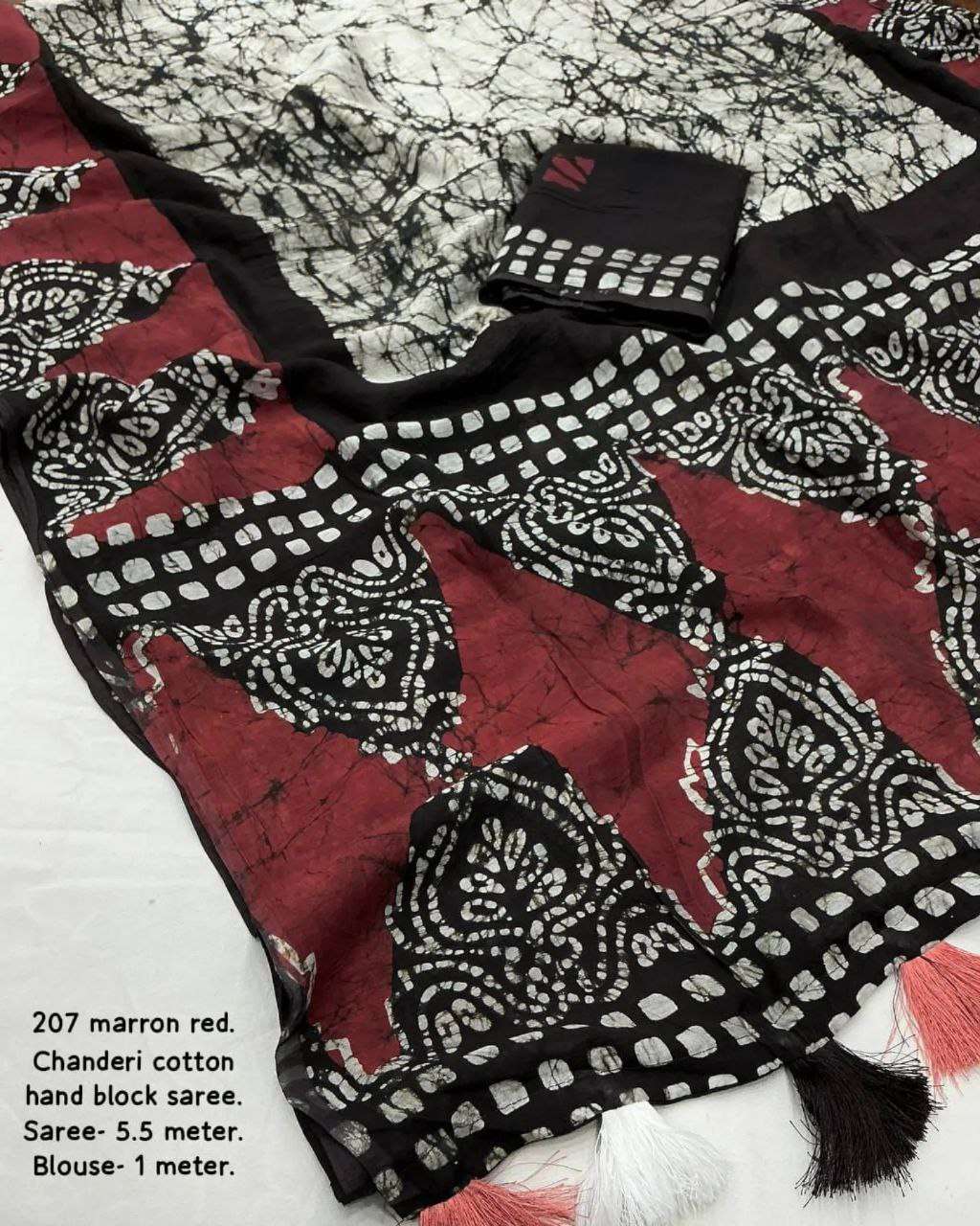 Chnaderi Cotton Kesh118 207 Sarees  Printed Cotton Linen Chanderi Batik Hand Printed Sarees