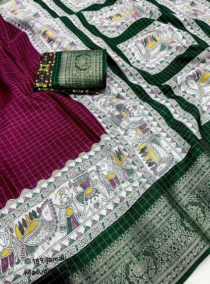 Coton Kesh118 189 Sarees  Printed Cotton Linen Madhubani Zari Border Sarees