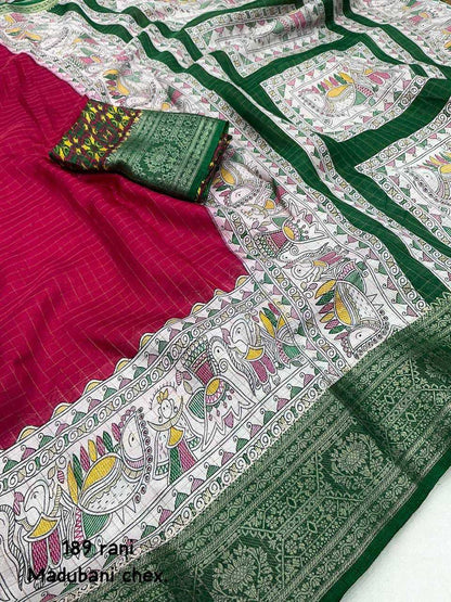 Coton Kesh118 189 Sarees  Printed Cotton Linen Madhubani Zari Border Sarees