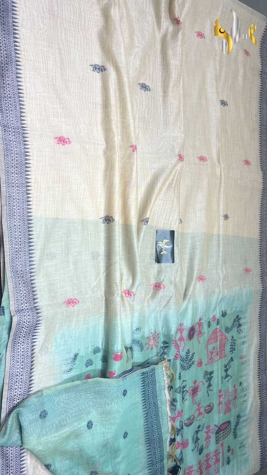 Cotton Ant Warli Sarees  Printed Cotton Linene Butta Saree E