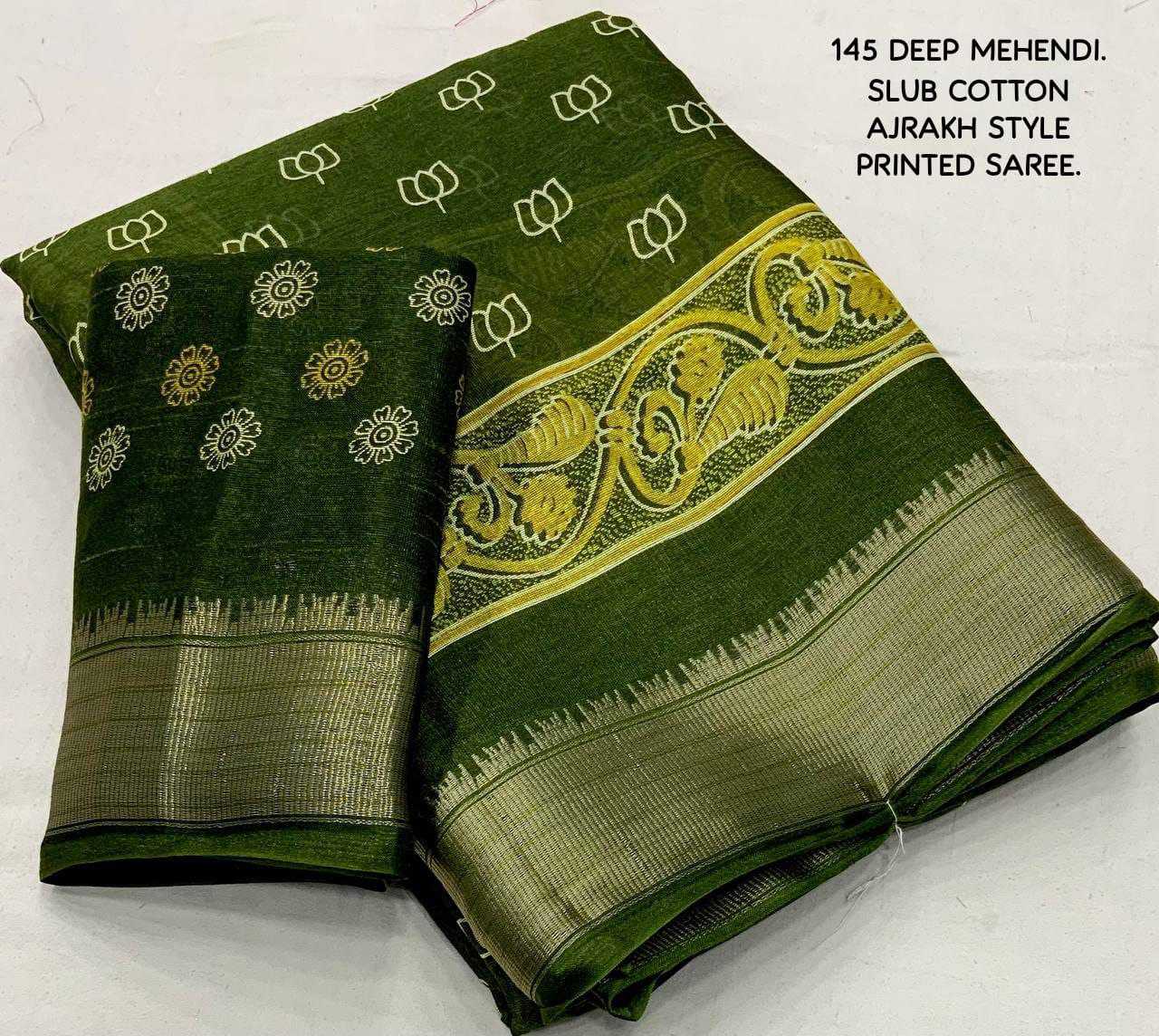 Cotton Kesh118 145 Sarees  Printed Cotton Linen Ajrakh Zari Border Sarees