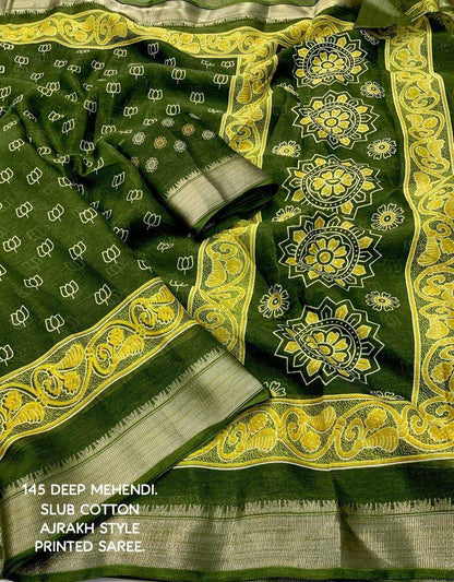 Cotton Kesh118 145 Sarees  Printed Cotton Linen Ajrakh Zari Border Sarees