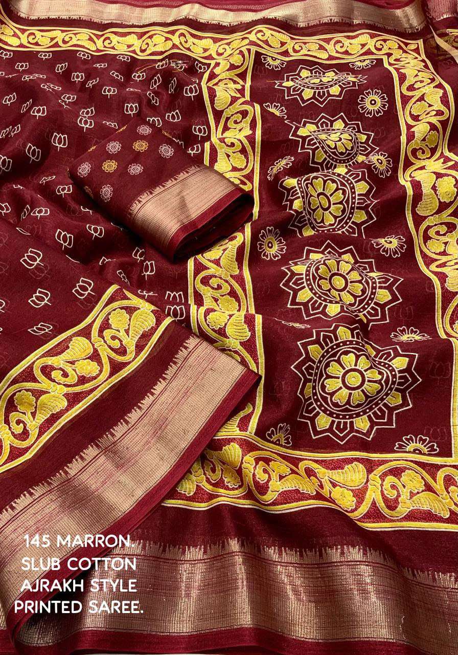 Cotton Kesh118 145 Sarees  Printed Cotton Linen Ajrakh Zari Border Sarees