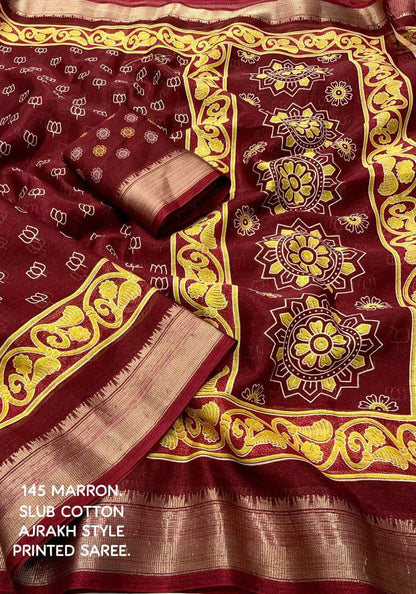 Cotton Kesh118 145 Sarees  Printed Cotton Linen Ajrakh Zari Border Sarees