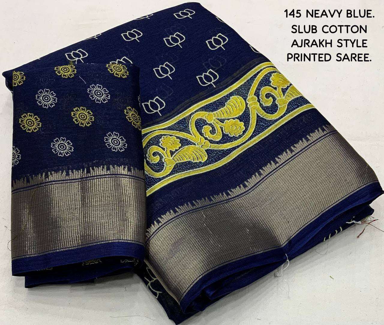 Cotton Kesh118 145 Sarees  Printed Cotton Linen Ajrakh Zari Border Sarees