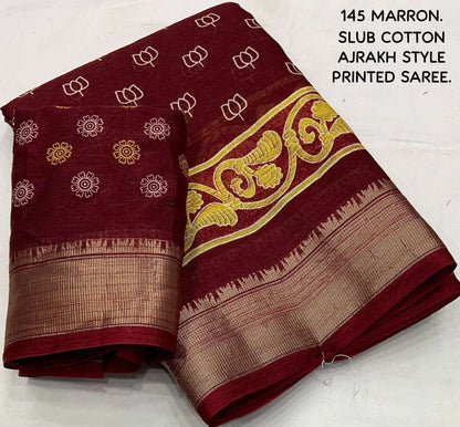 Cotton Kesh118 145 Sarees  Printed Cotton Linen Ajrakh Zari Border Sarees