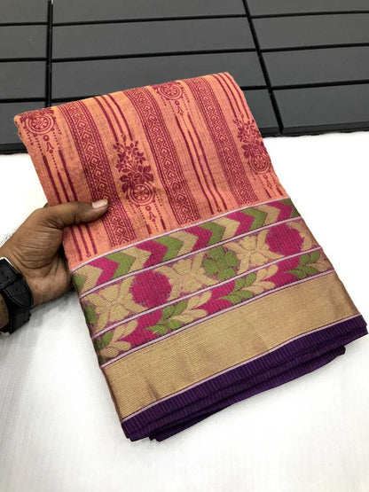 Cotton Kesh167 Vaari Sarees  Printed Cotton Linen Ladies Sarees