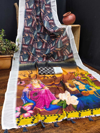 Cotton Kesh203 Mtw06 Sarees  Printed Cotton Linen Ladies Sarees