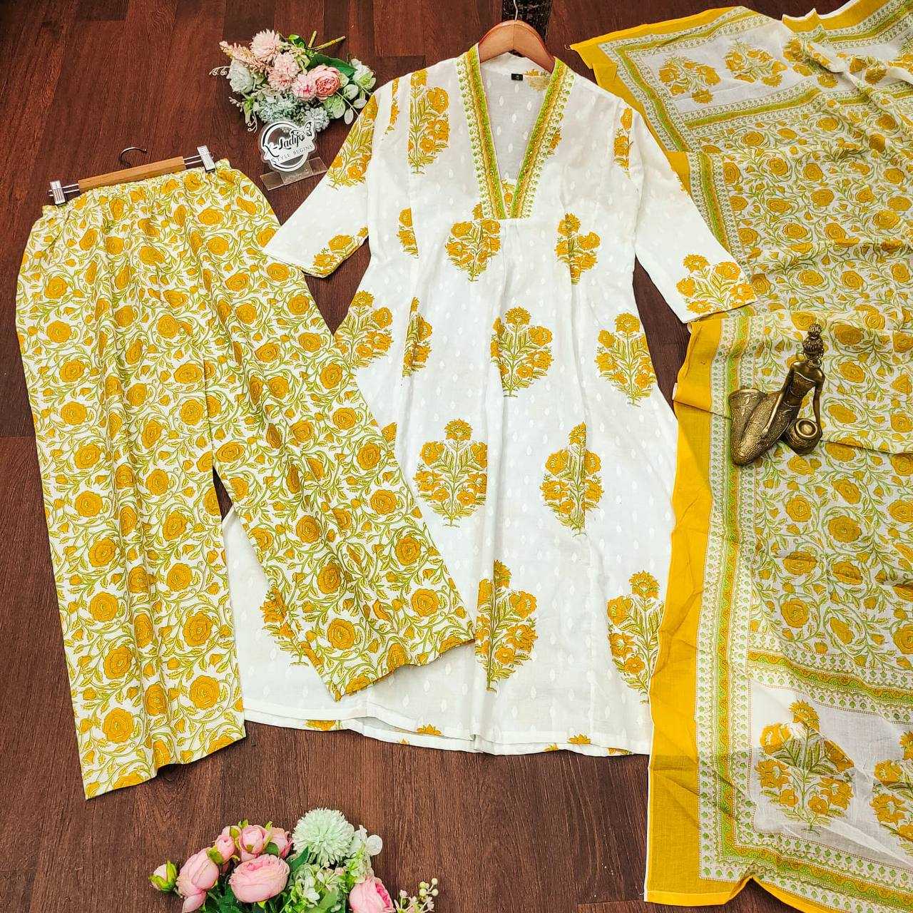 Cotton Kesh211 Ldy01 Suits & Dresses  Printed Cotton Palazzo White Salwar Suits