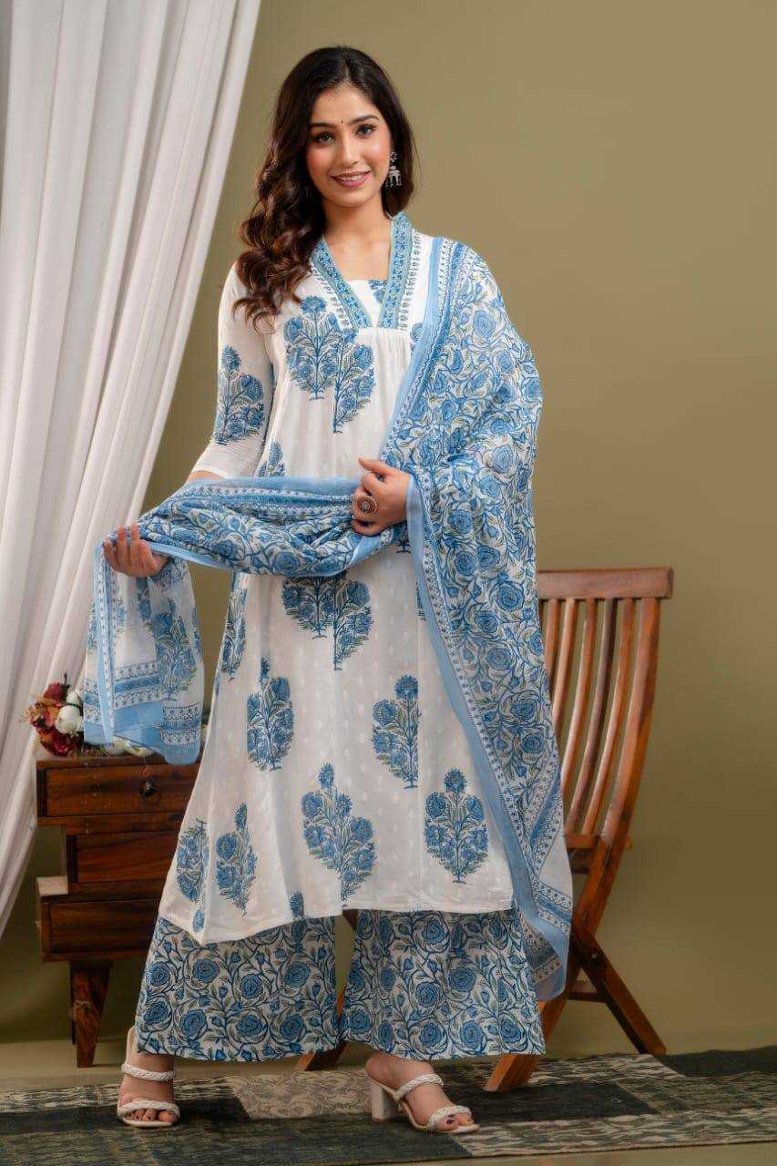 Cotton Kesh211 Ldy01 Suits & Dresses  Printed Cotton Palazzo White Salwar Suits