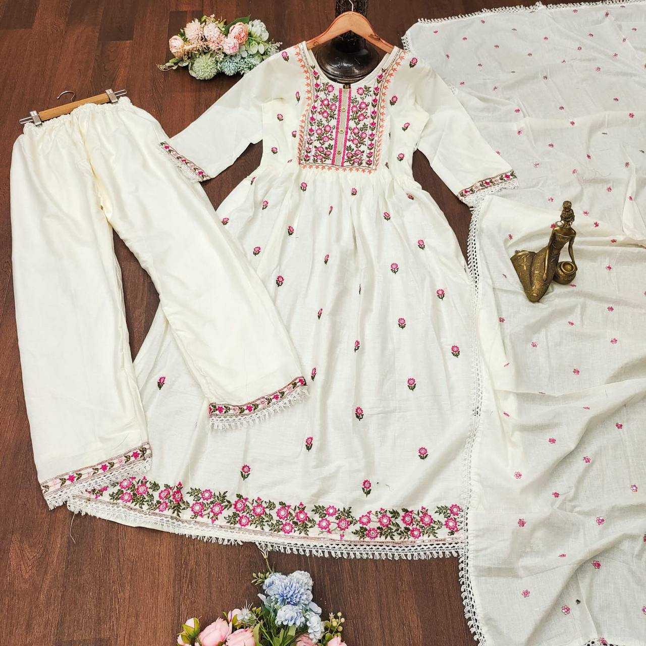 Cotton Kesh211 Ldy11 Gowns  Fancy Embroidery Anarkali Long Gowns With Dupatta Lightweight White Gowns