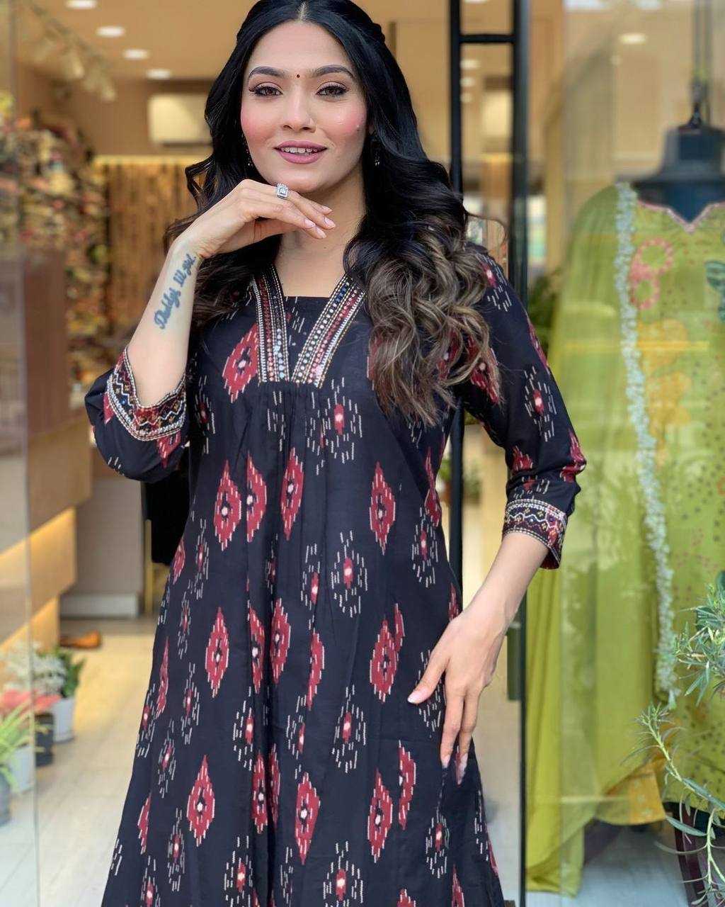 Cotton Kesh211 Ldy43 Suits & Dresses  Ladies Printed Cotton Anarkali Long Kurtis Black Salwar Suits