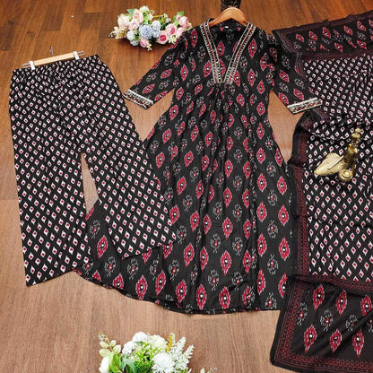 Cotton Kesh211 Ldy43 Suits & Dresses  Ladies Printed Cotton Anarkali Long Kurtis Black Salwar Suits