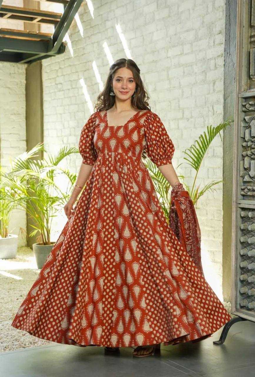 Cotton Kesh211 Ldy44 Gowns  Printed Anarkali Long Gown With Dupatta Simple Gowns