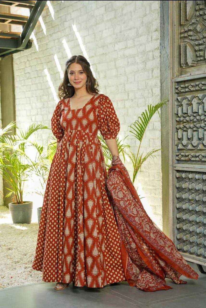 Cotton Kesh211 Ldy44 Gowns  Printed Anarkali Long Gown With Dupatta Simple Gowns