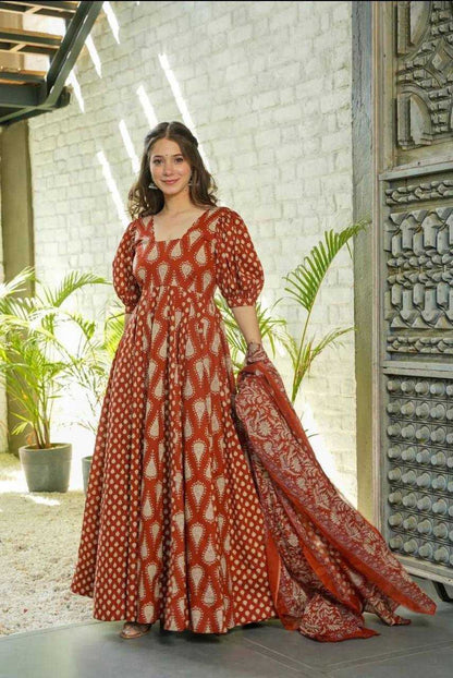 Cotton Kesh211 Ldy44 Gowns  Printed Anarkali Long Gown With Dupatta Simple Gowns