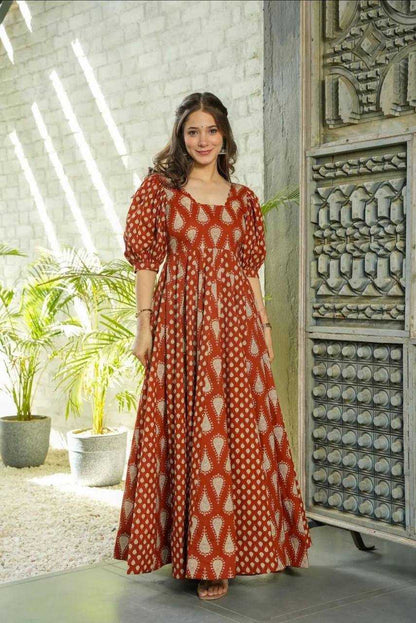 Cotton Kesh211 Ldy44 Gowns  Printed Anarkali Long Gown With Dupatta Simple Gowns