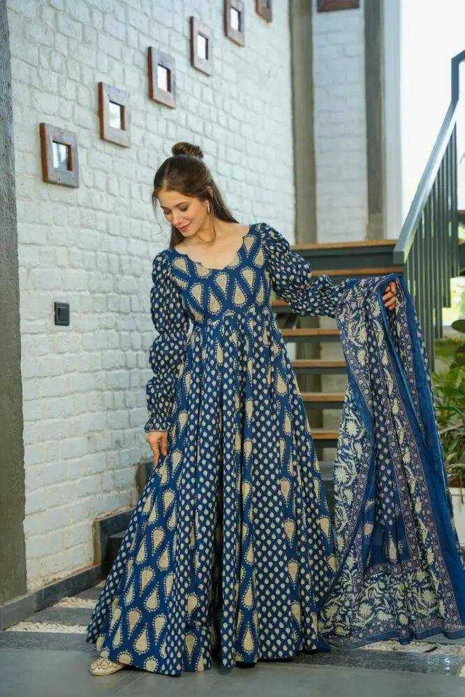 Cotton Kesh211 Ldy44 Gowns  Printed Anarkali Long Gown With Dupatta Simple Gowns