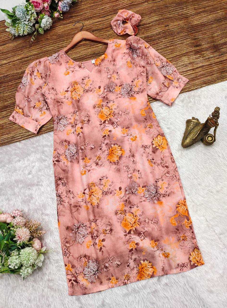 Cotton Kesh211 Ldy45 Kurtis  Short Printed Cotton Ladies V-Neck Peach Kurtis