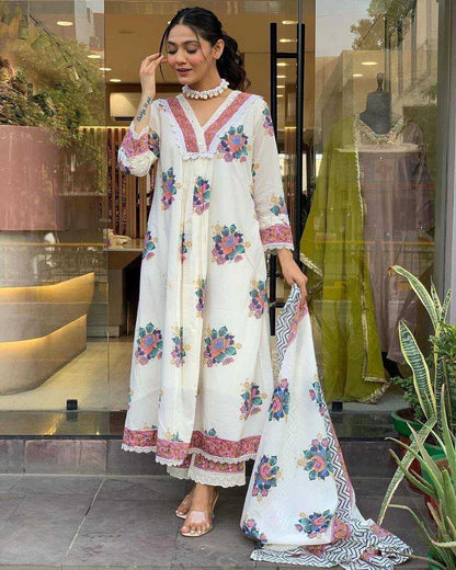 Cotton Kesh211 Ldy74 Suits & Dresses  Printed Embroidery Cotton Anarkali Long Kurtis White Salwar Suits