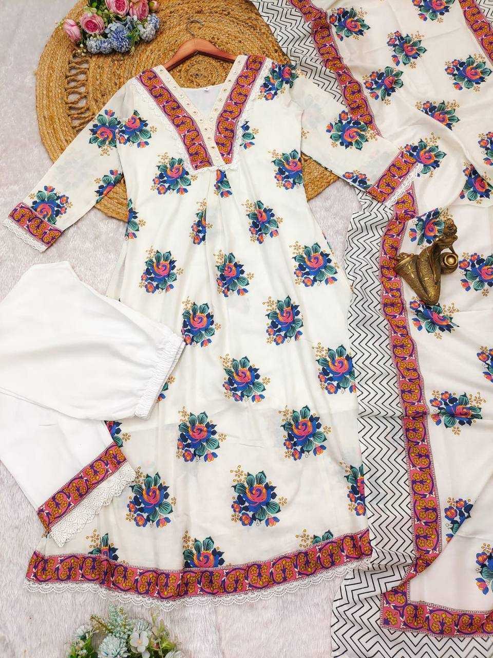 Cotton Kesh211 Ldy74 Suits & Dresses  Printed Embroidery Cotton Anarkali Long Kurtis White Salwar Suits