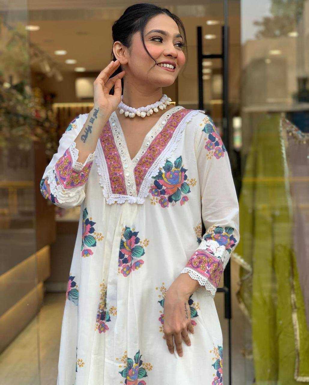 Cotton Kesh211 Ldy74 Suits & Dresses  Printed Embroidery Cotton Anarkali Long Kurtis White Salwar Suits