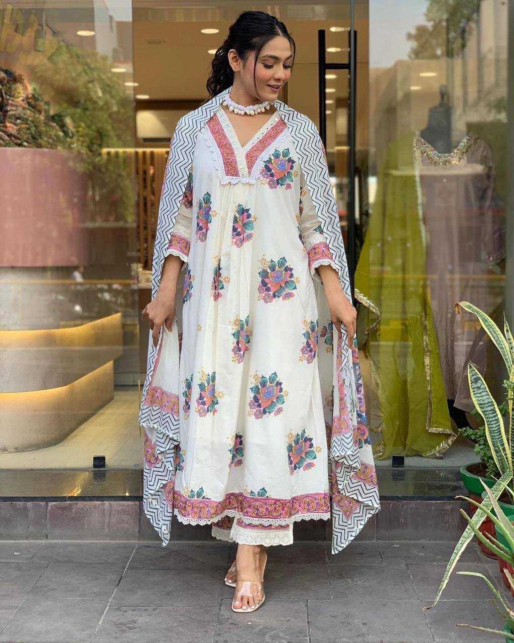 Cotton Kesh211 Ldy74 Suits & Dresses  Printed Embroidery Cotton Anarkali Long Kurtis White Salwar Suits