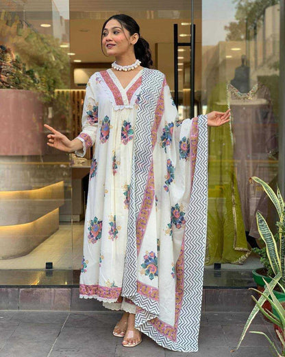 Cotton Kesh211 Ldy74 Suits & Dresses  Printed Embroidery Cotton Anarkali Long Kurtis White Salwar Suits