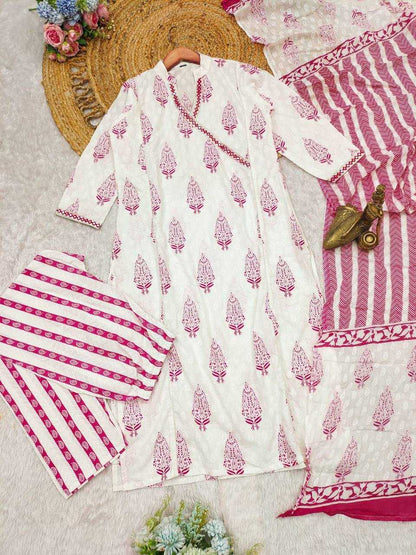 Cotton Kesh211 Ldy87 Suits & Dresses  Printed Embroidery Cotton Straight Cut White Salwar Suits