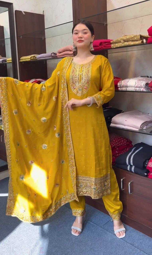 Cotton Kesh227 1001 Suits & Dresses  Ladies Embroidery Cotton Long Kurtis Yellow Salwar Suits