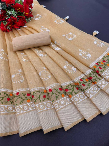 Cotton Rdd 07 Sarees  Ladies Cotton Linen Embroidery Sarees E