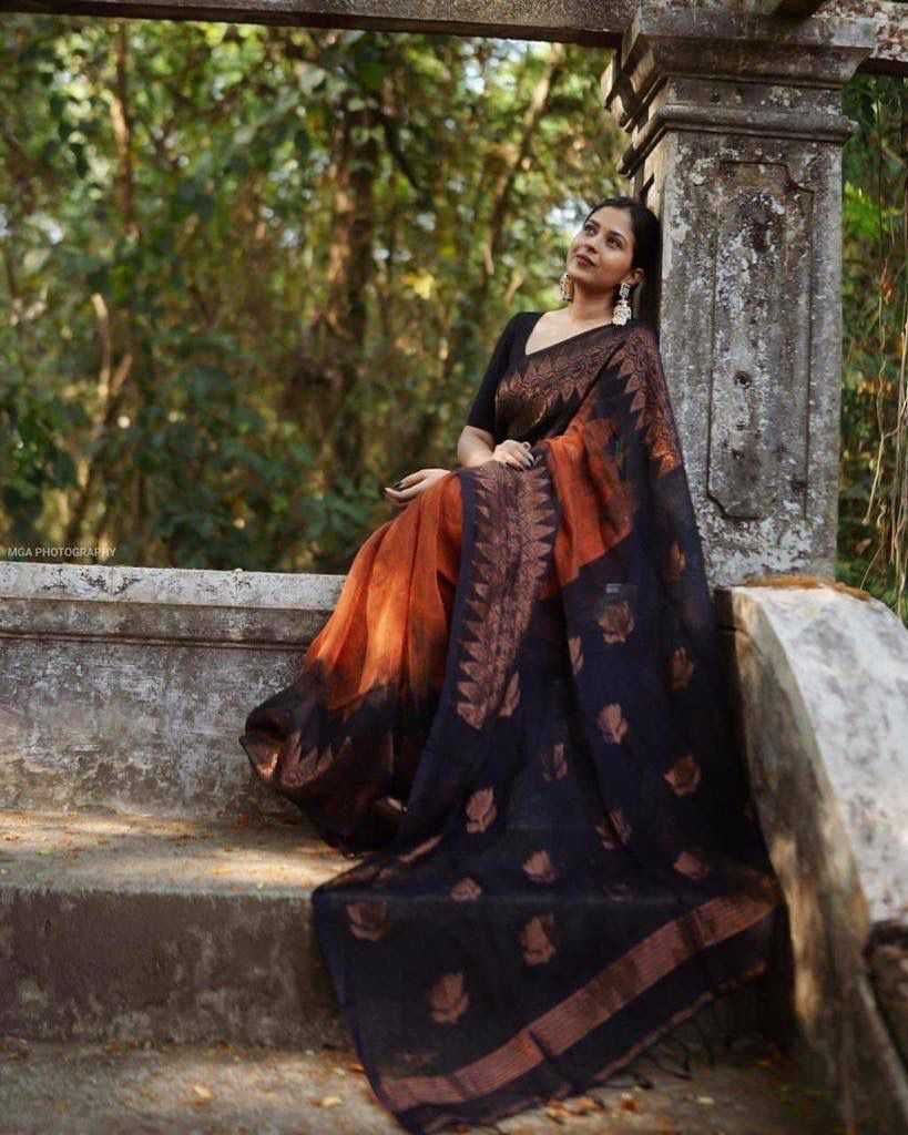 Cotton Rin179 604 Sarees  Printed Cotton Linen Ladies Zari Border Sarees