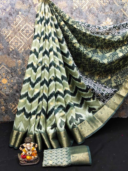 Cotton Rin183 Renuka Sarees  Printed Cotton Linene Leheriya Zari Border Sarees