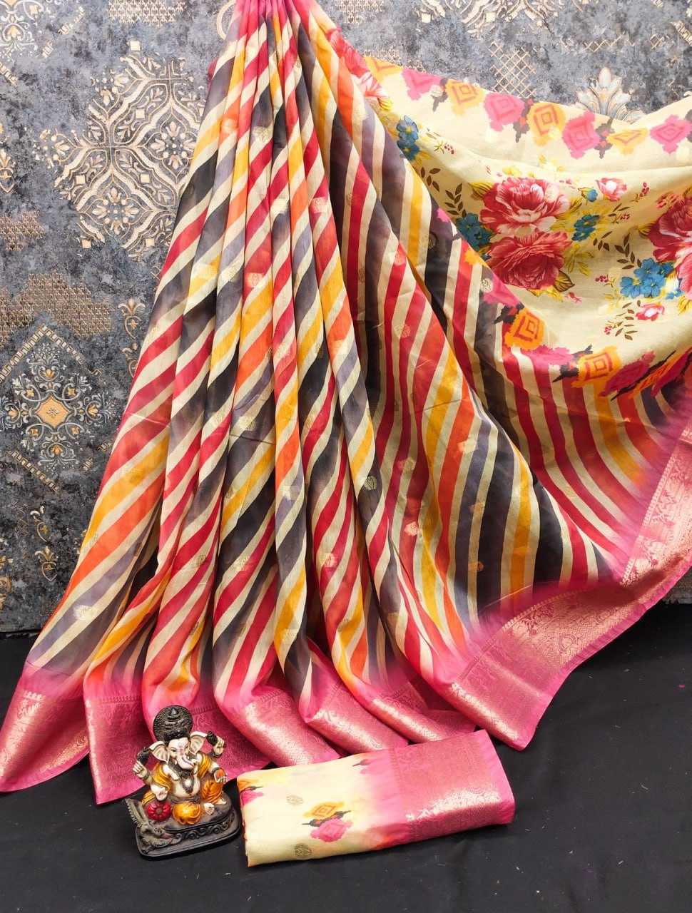 Cotton Rin183 Renuka Sarees  Printed Cotton Linene Leheriya Zari Border Sarees