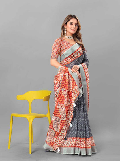 Cotton Srrt Linen Cotton2 Sarees  Printed Ladies Cotton Linen Sarees