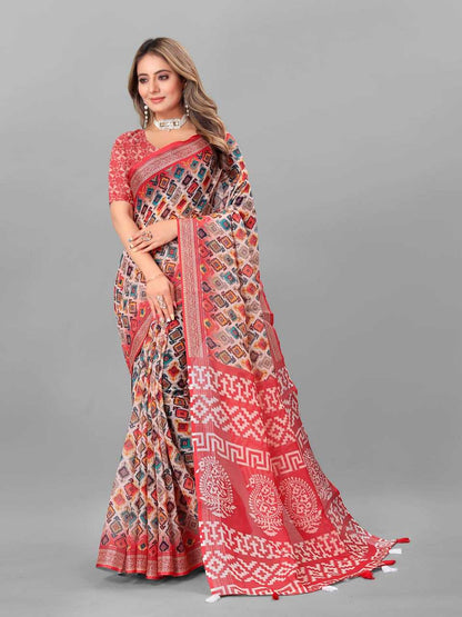 Cotton Srrt Linen Cotton3 Sarees  Printed Ladies Cotton Linen Sarees